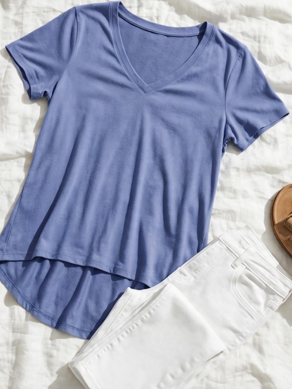 Chico’s Ultimate Tee V Neck Short Sleeves-Relax Fit High/Low Hem Periwinkle Blue
